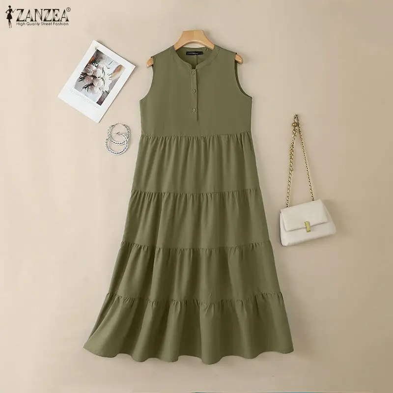 Fashion Summer Sleeveless Dress 2026 ZANZEA Women Casual Loose Sundress Solid Holiday Robe Female Elegant Ruffled Work Dresses - Image 2