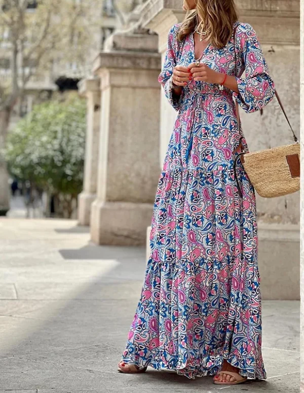 BAMBOOBOY Bohemian Print Maxi Dress V-neck Long Sleeve Casual Vacation Beach Long Dresses for Women Spring Summer Vestidos