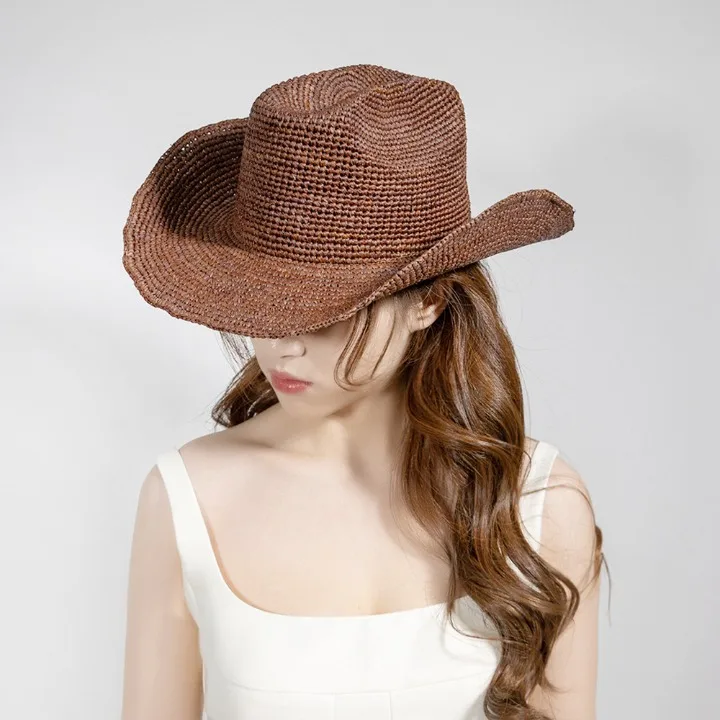 Ins Hand-crocheted Natural Raffia Straw Sun Hats Cowboy Hat for Women Men Summer Wide Brim Panama Outdoor Breathable Beach Caps - Image 14