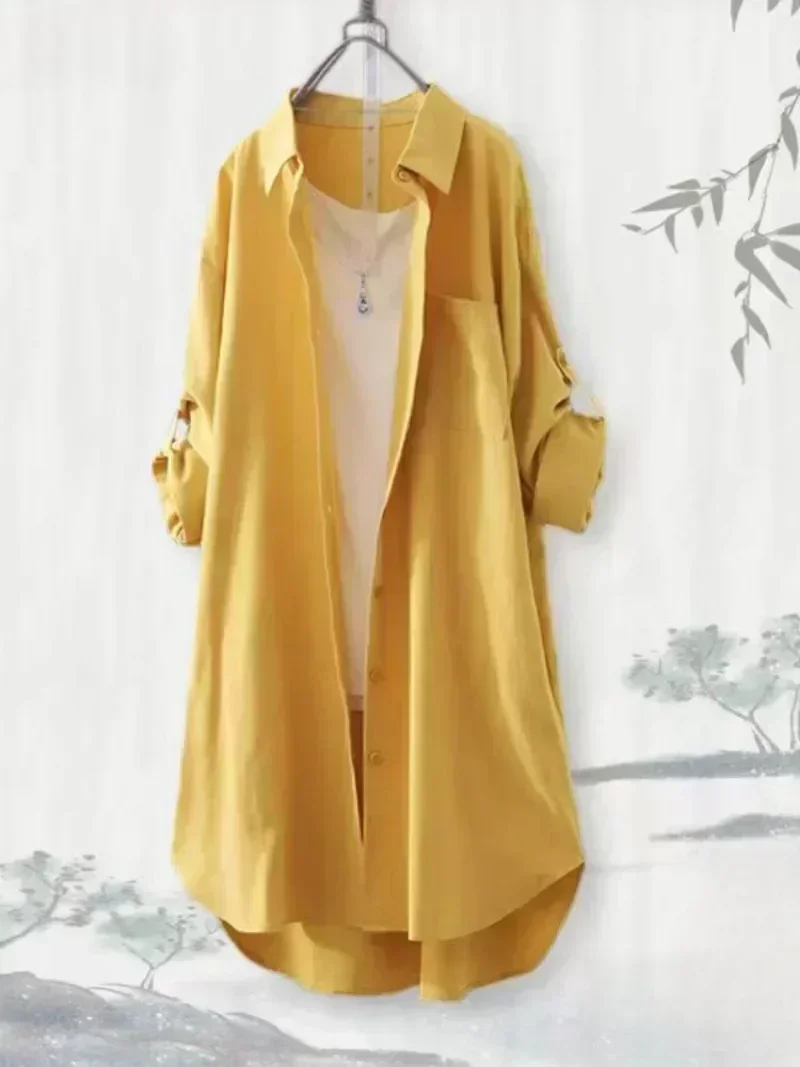 Plus Size Women Simple Long Sleeve Blouse Chic Korean Style Loose Fit Breathable Shirt Casual Autumn Solid Color Midi Tunic Tops - Image 13