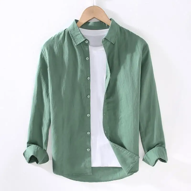 Linear Long-sleeved Men's Japanese Casual Loose Cotton Linen Shirt Spring and Summer Outfit Inch Shirt