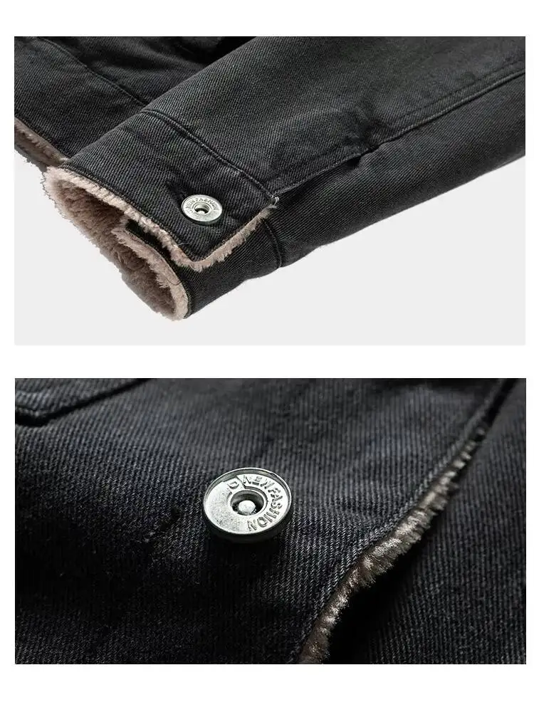 Denim Autumn Winter Pocket Single-Breasted Solid Color Velvet Thickened Lapel Washed Cotton Fashion Men's Jacket - Image 12