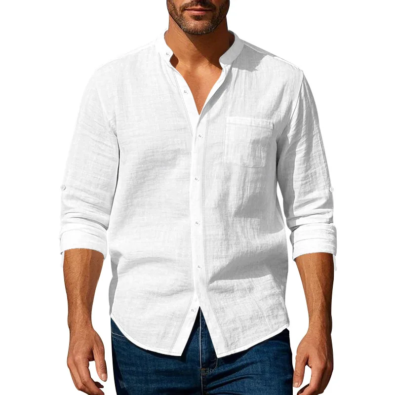 Men's Linen Mandarin Collar Shirt - Breathable Wrinkle-Free New Chinese Style with Pocket (Beige/Black/White, S-XXXL) Wholesale - Image 10