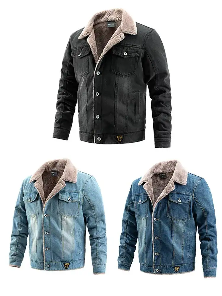 Denim Autumn Winter Pocket Single-Breasted Solid Color Velvet Thickened Lapel Washed Cotton Fashion Men's Jacket - Image 10