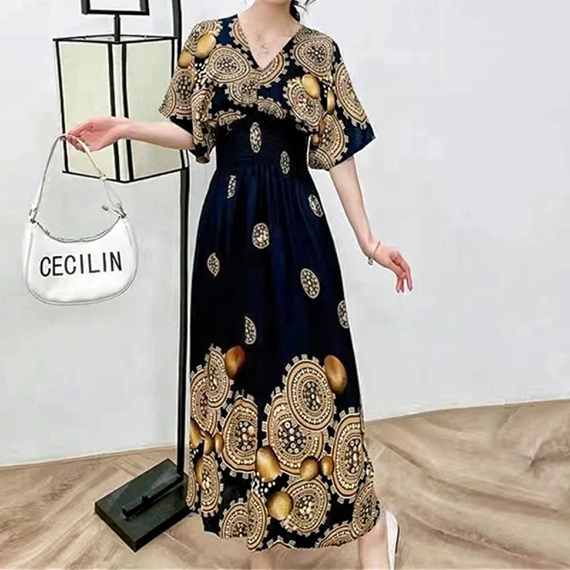 Casual Elegant Retro Bohemian National Style V-neck Elastic Waist Large Swing Printed Summer Long Skirt Woman Dress Clothes - Image 49