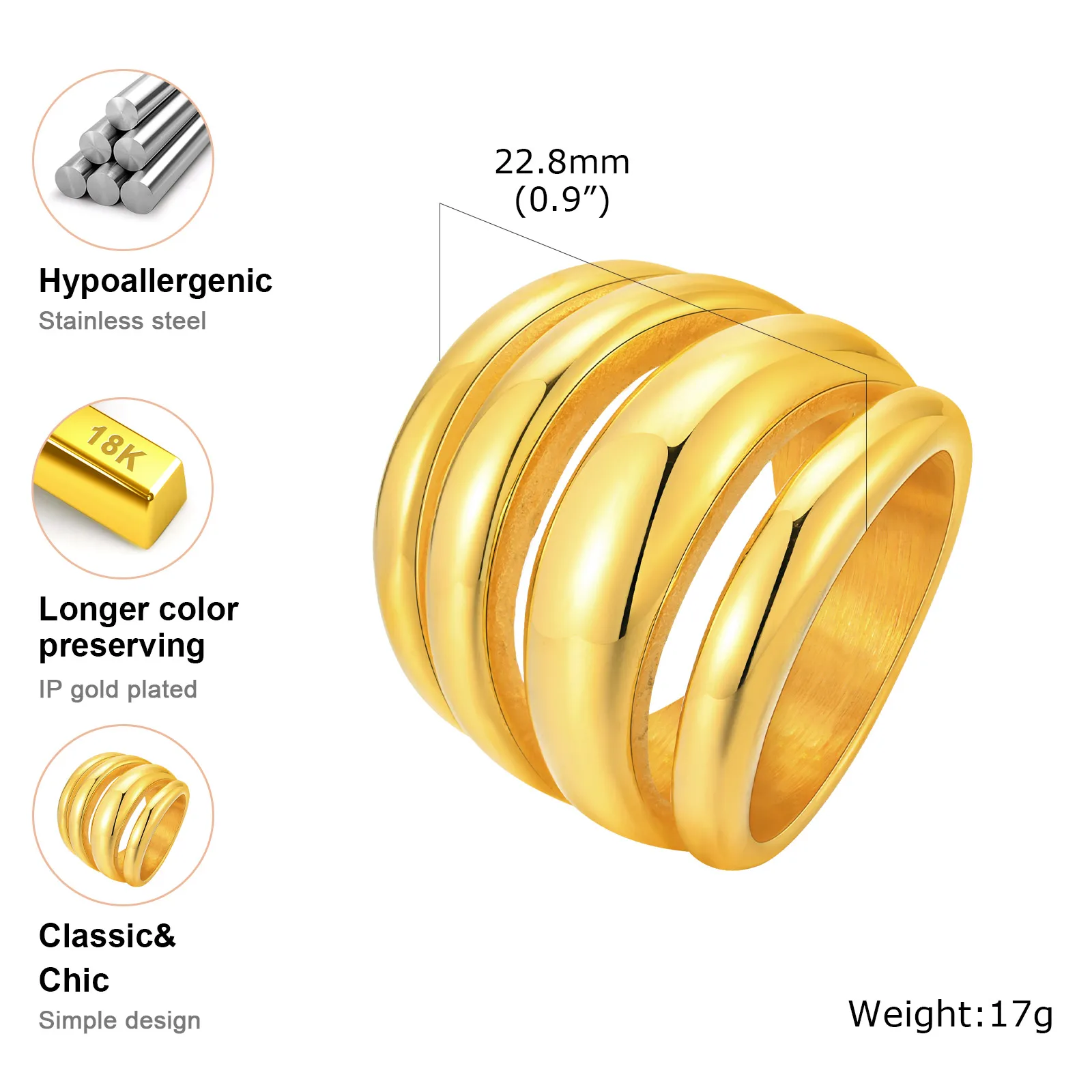 Multilayer Chunky Ring Stainless Steel 18k Gold Plated, Chunky Minimalist Simple Rings Fashion Gift for Women - Image 2