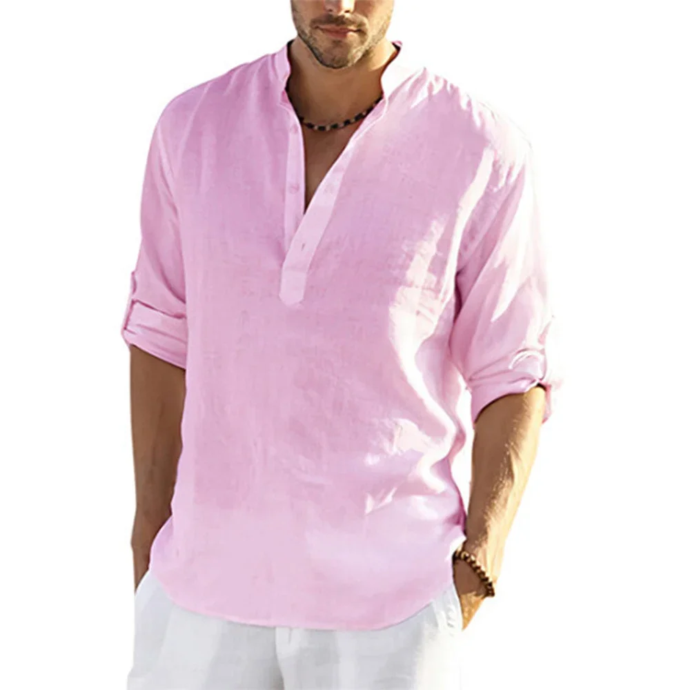Cotton Linen Hot Sale Men Long-Sleeved Shirts Summer Solid Color Stand-Up Collar Casual Beach Style Plus Size - Image 2
