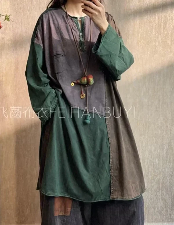 2026 New Arrival Spring Women Loose Casual Patchwork Design O-neck Long Blouse Long Sleeve All-matched Vintage Cotton Shirt F79