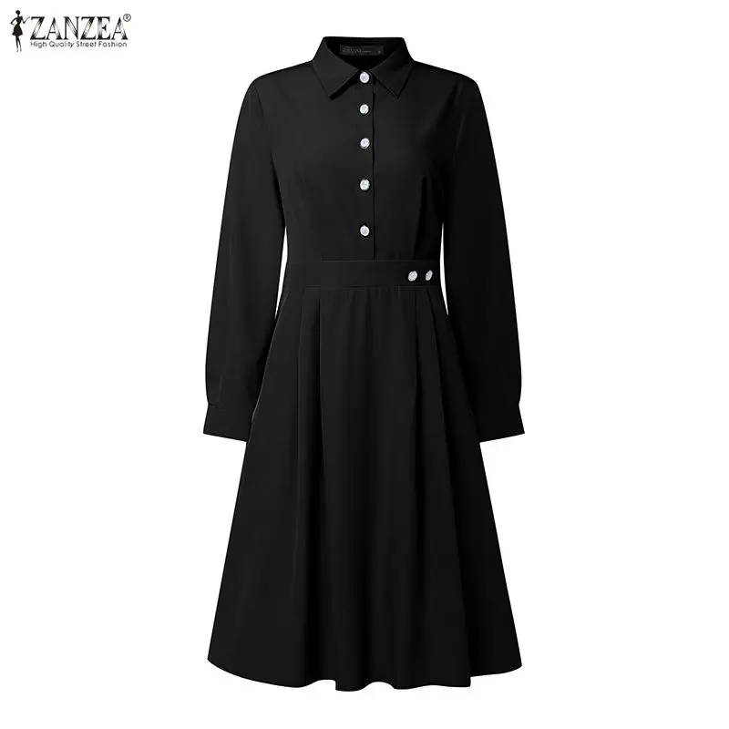 2026 ZANZEA Women Elegant Lapel Neck Long Sleeve Dress Spring Office Dresses Stylish A Line Waisted Party Sundress Holiday Robe - Image 15