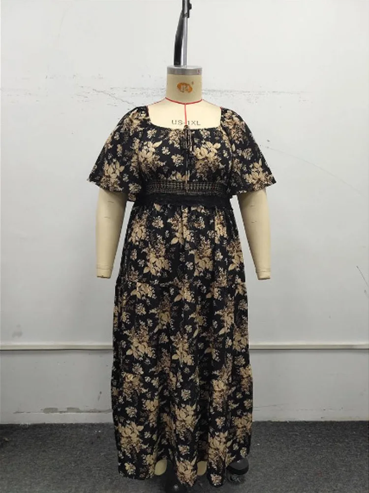 GIBSIE Plus Size Square Neck Floral Print Maxi Dress Women Summer 2025 Knot Front Hollow Out Boho Vacation Big Swing Dresses - Image 6
