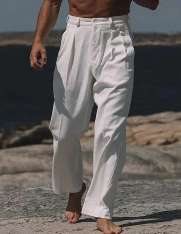 Vintage Solid Color Loose Linen Trousers For Mens Spring Summer New Casual Straight Pants Men Fashion Pleated Breathable Pants