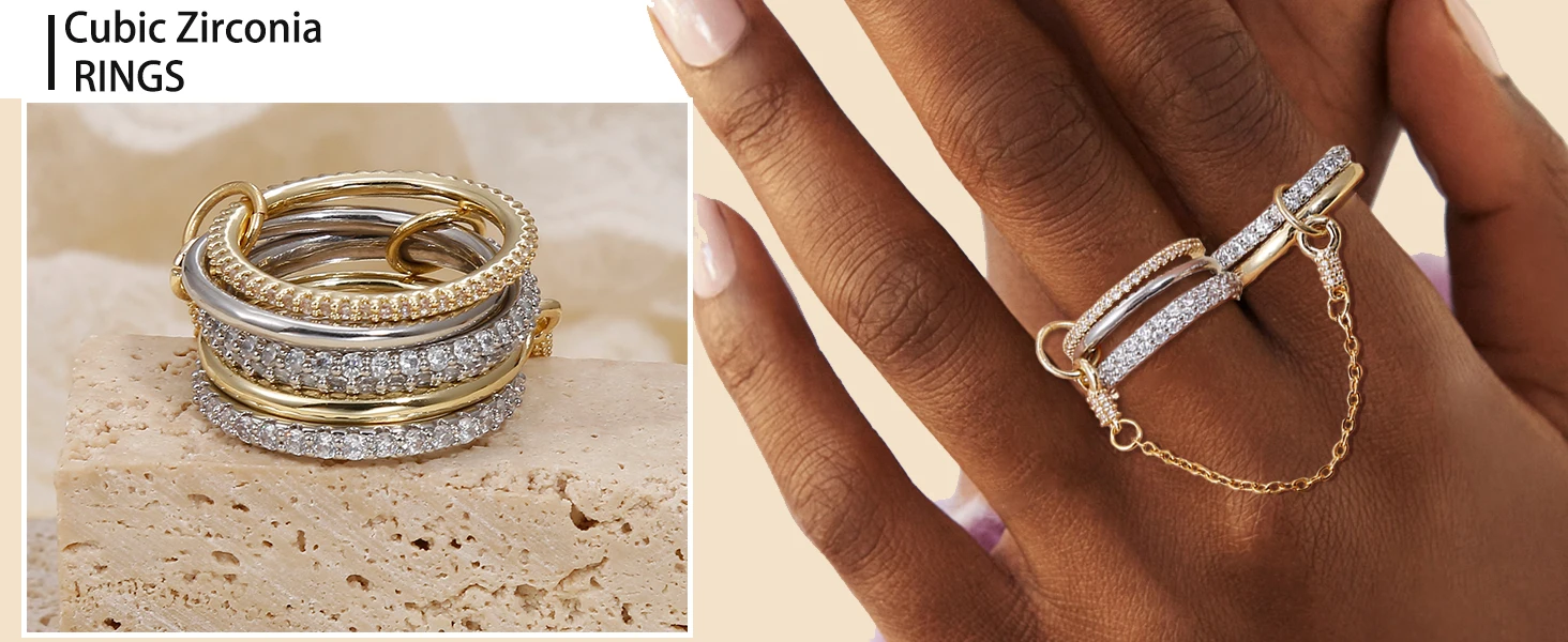 5pcs Gold Plated Linked Chain Stackable Rings for Women Statement Cubic Zirconia Interlocking Rings Multi-Link Connected Jewelry - Image 9