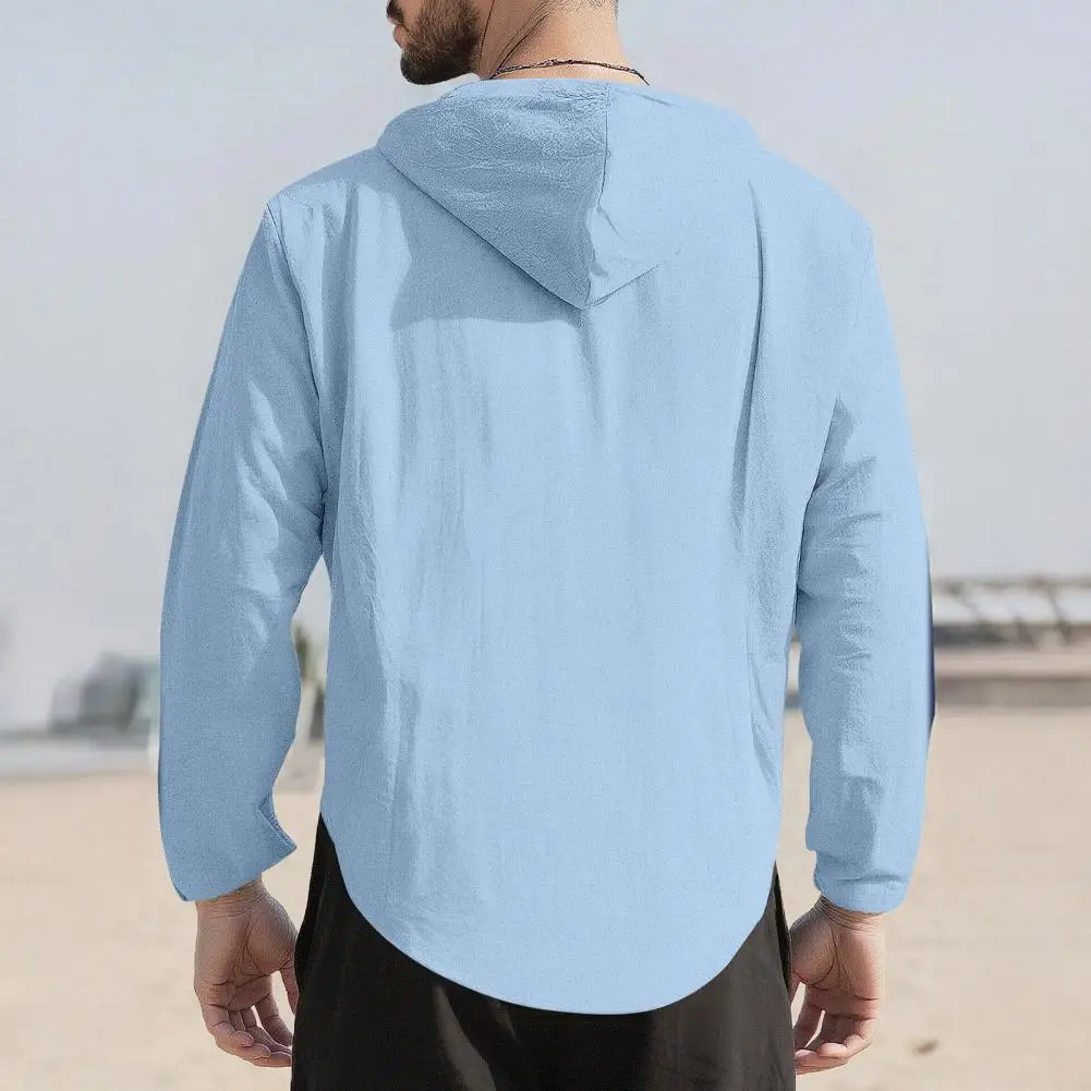 Men's Fashion Casual Shirt, Hooded Drawstring Cotton And Linen Cardigan, Trendy And Versatile Loose Beach T-shirt - Image 5