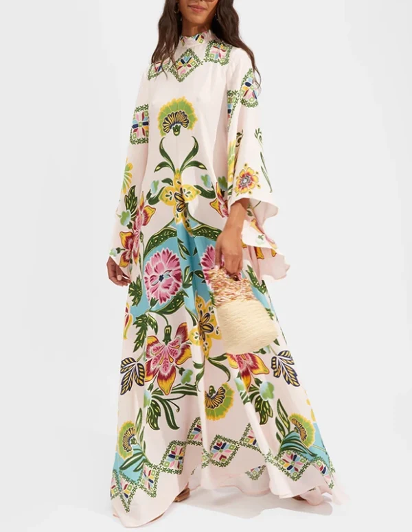 Ethnic Retro Spring Print Boho Long Dress Women Sexy Stand Collar Lace-up Party Dress Fall Long Sleeve Loose Ladies Maxi Dresses