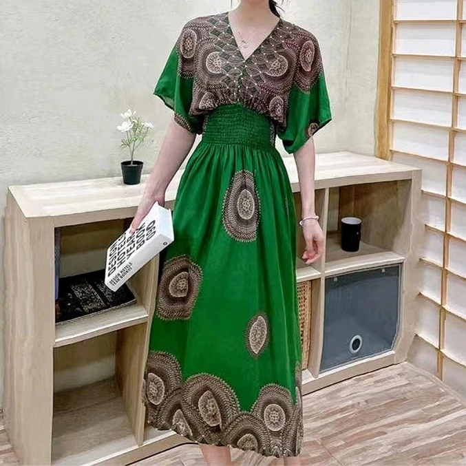 Casual Elegant Retro Bohemian National Style V-neck Elastic Waist Large Swing Printed Summer Long Skirt Woman Dress Clothes - Image 24