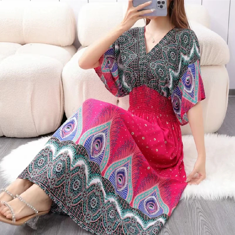 Casual Elegant Retro Bohemian National Style V-neck Elastic Waist Large Swing Printed Summer Long Skirt Woman Dress Clothes - Image 37