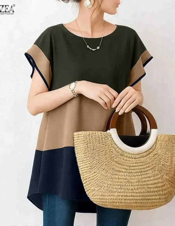ZANZEA Women Tops Summer Short Sleeve Blouse 2026 Fashion O-Neck Casual Color Patchwork Loose Shirts Female Oversized Blusas