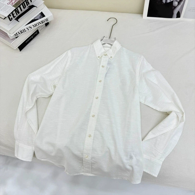 Long sleeved shirt for men and women Linen material unisex old money style solid color embroidered designer long shirt - Image 13