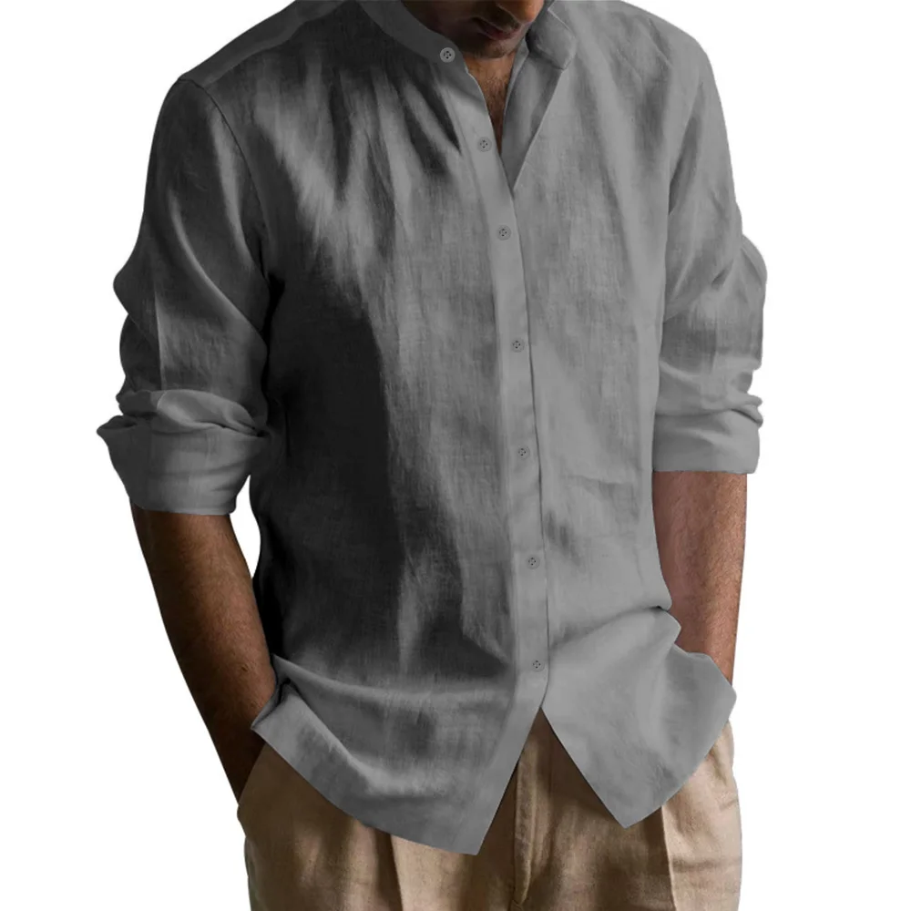 Men's Henley Shirts Cotton Linen Open Stitch Lightweight Breathable Solid Color Slim Fit Men Shirt - Image 3