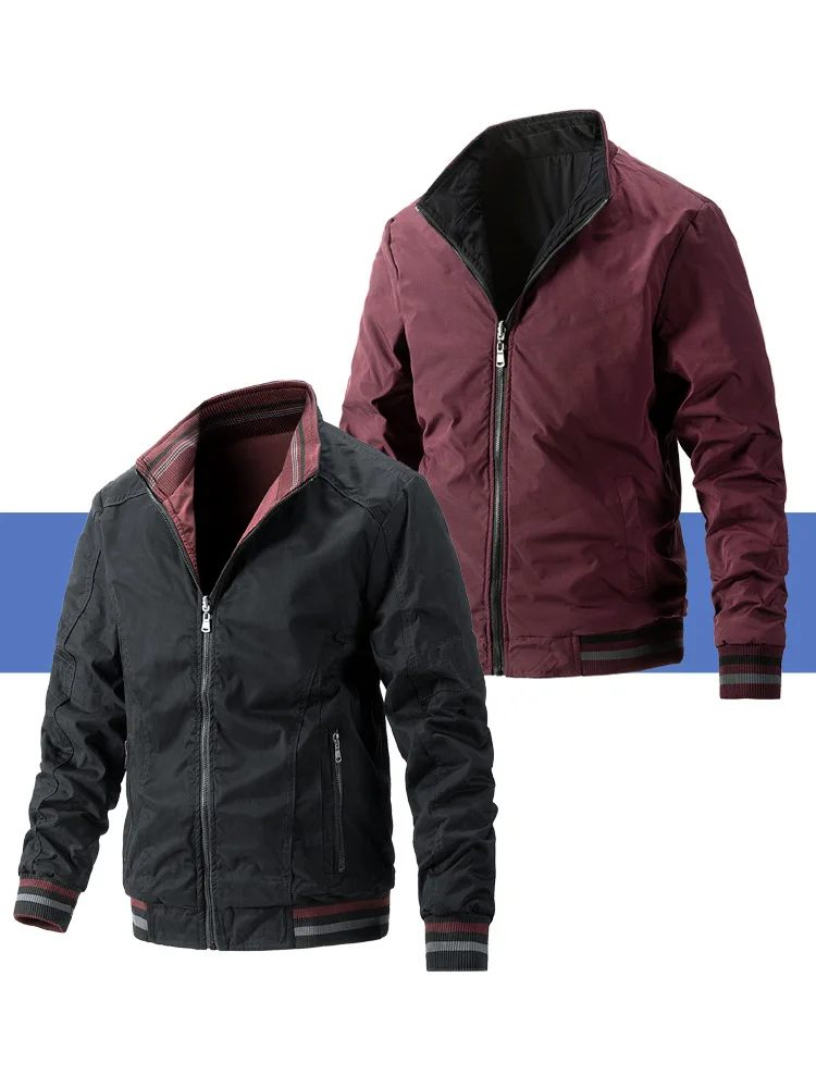 Men's Double-Sided Wear Busin Coat Spring Autumn Cotton Casual Jaet Busin Sle V-Ne Zipper ket Wear-resistant - Image 9