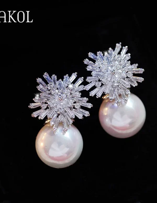 ZAKOL Korea Fashion Round Simulated Pearls Snowflake Drop Earrings for Elegant Women Cz Zirconia Bridal Wedding Jewelry EP075