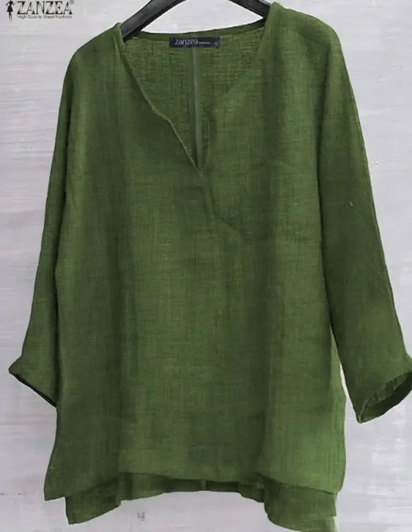 ZANZEA Vintage Blouse V Neck Tops Women Casual Loose Tunics 2025 Autumn Solid Color Blouse 3/4 Sleeve Blusas Pullover