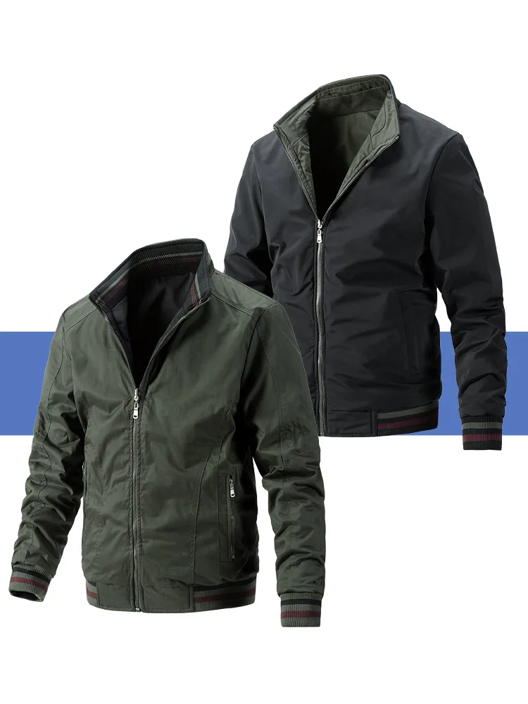Men's Double-Sided Wear Busin Coat Spring Autumn Cotton Casual Jaet Busin Sle V-Ne Zipper ket Wear-resistant - Image 11