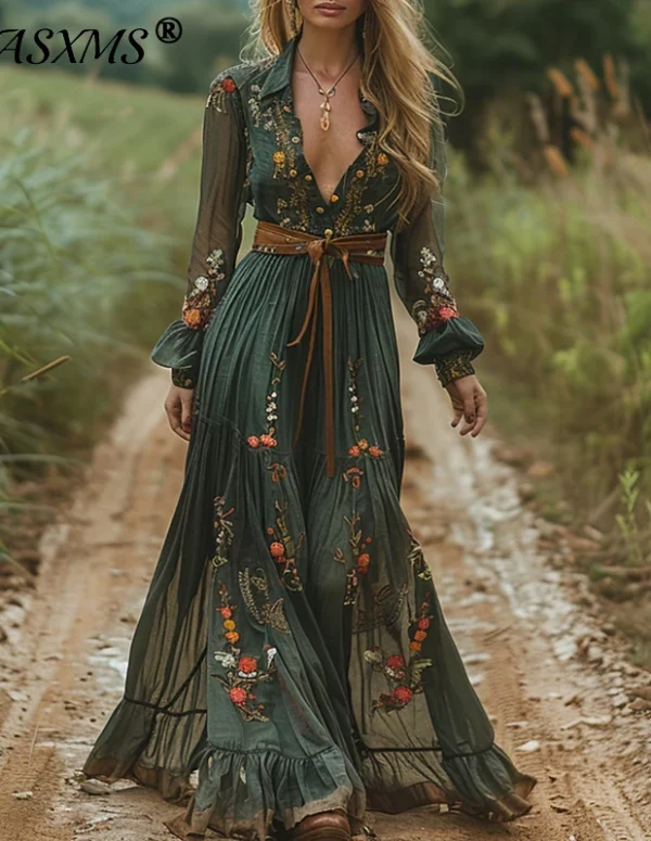 Ethnic Retro Floral Print Pleated Long Dress Spring Sexy Shirt Collar Buttons Women Party Dress Fall Long Sleeve Bohe Maxi Dress