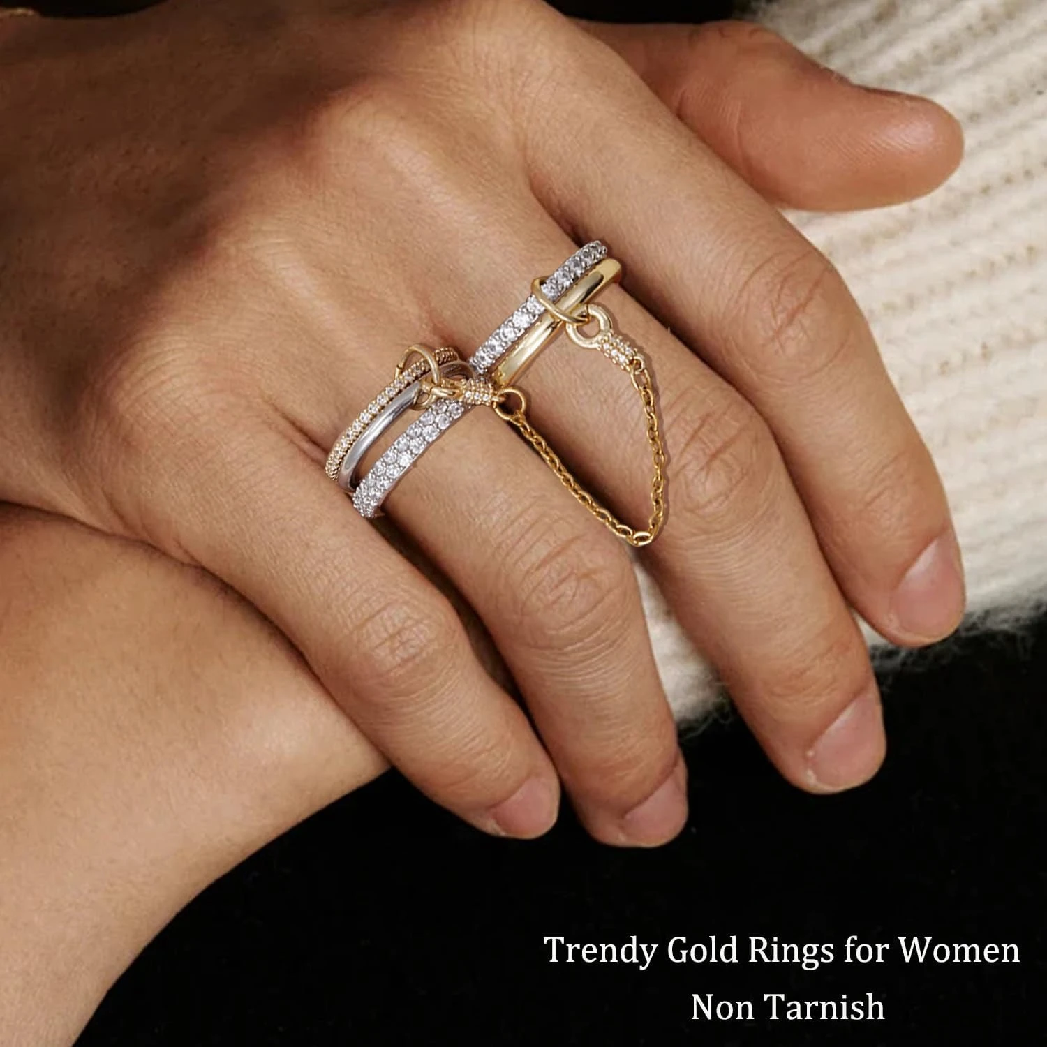 5pcs Gold Plated Linked Chain Stackable Rings for Women Statement Cubic Zirconia Interlocking Rings Multi-Link Connected Jewelry - Image 2