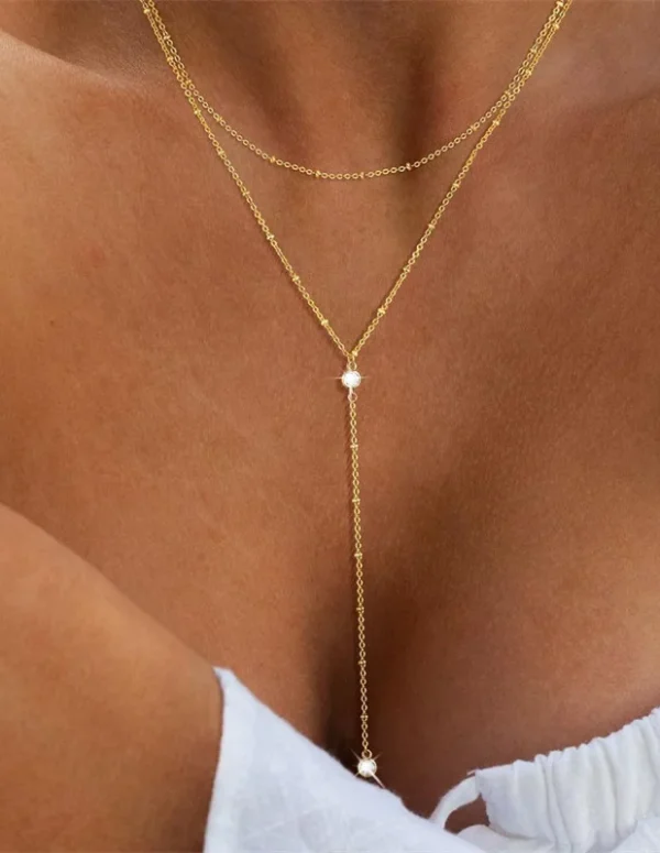 Vintage Gold Color Double Layered Necklace for Women Simple Crystal Zircon Metal Long Tassel Beads Chain Choker Party Jewelry