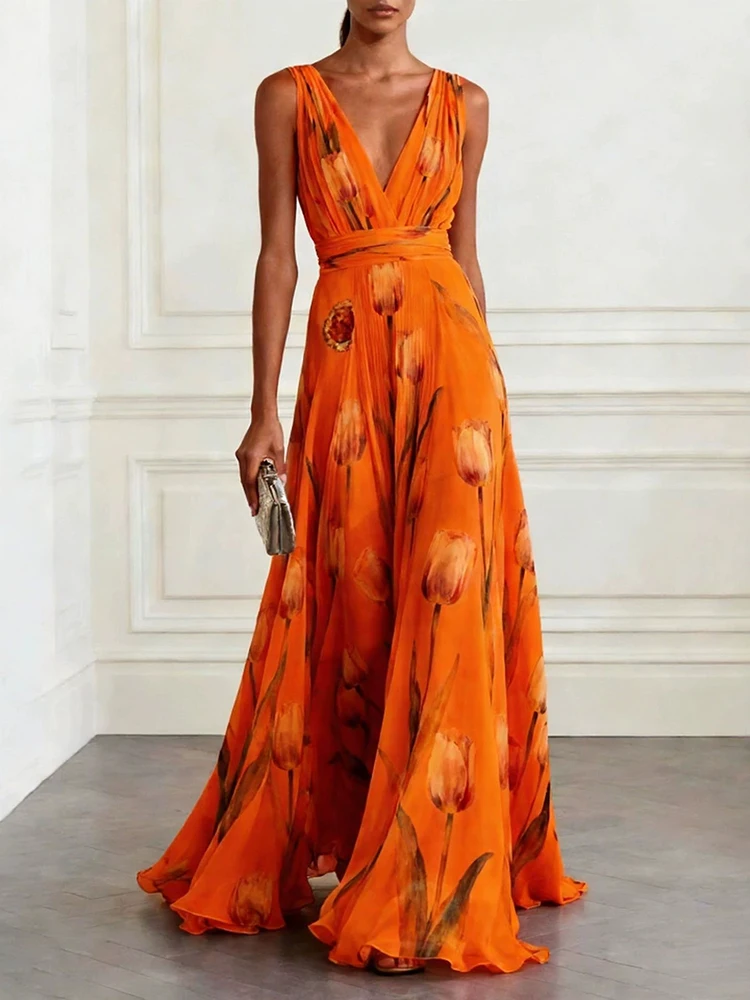 Temperament tulip print summer new slim fit women's evening dress casual fashion party V-neck chiffon long dress
