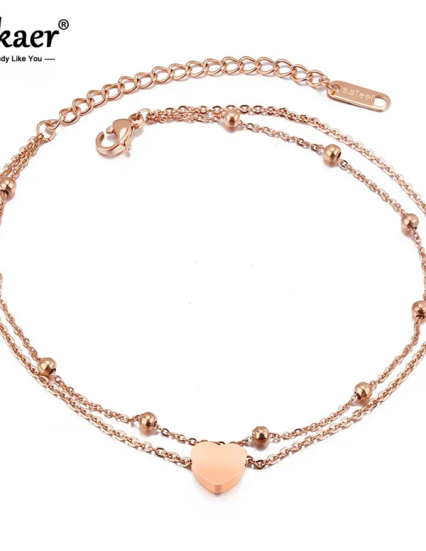 Lokaer Fashion Bohemia Double Layer Stainless Steel Heart Charm Bracelets For Women Rose Gold Plated Chain Link Bracelet B18197