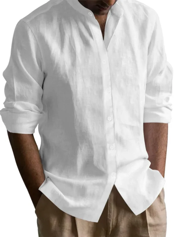 Men's Henley Shirts Cotton Linen Open Stitch Lightweight Breathable Solid Color Slim Fit Men Shirt