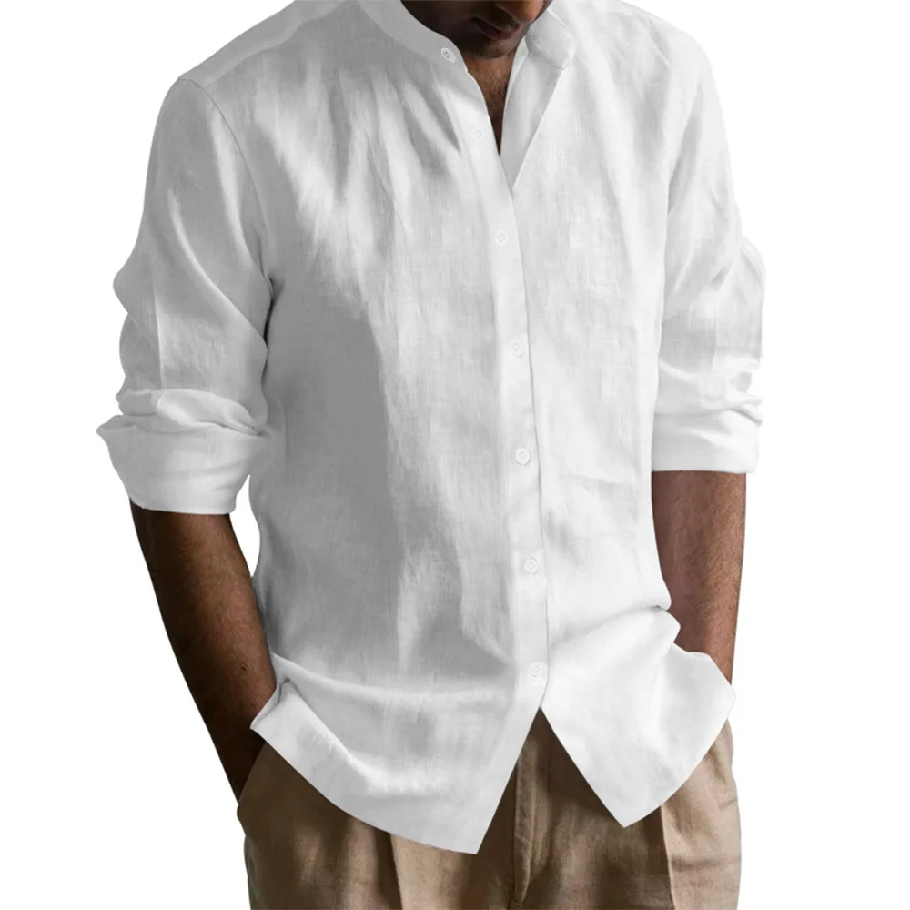 Men's Henley Shirts Cotton Linen Open Stitch Lightweight Breathable Solid Color Slim Fit Men Shirt