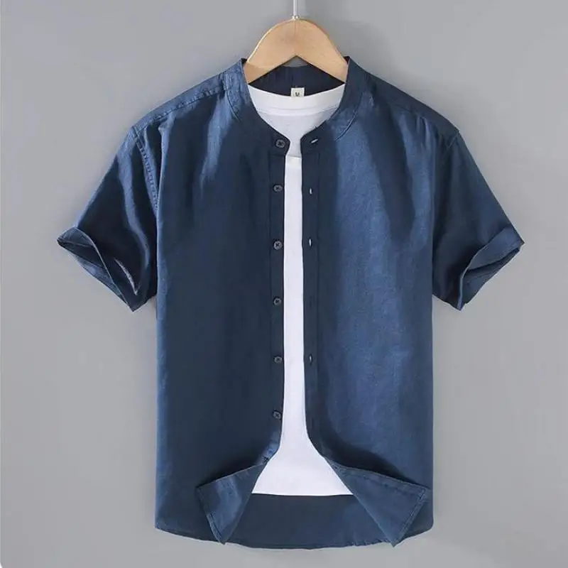 Men's Cotton Linen Short-Sleeved Shirt Summer Streetwear Plain Color Stand Collar Casual Beach Style plus Size M-3XL - Image 4
