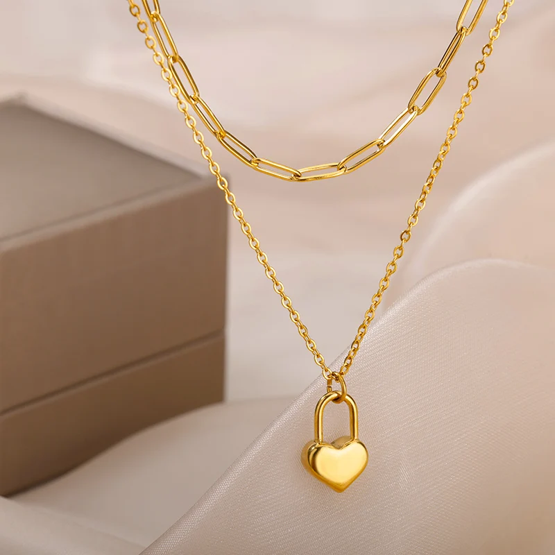 Multilayer Heart Necklaces For Women Stainless Steel Gold Color Evil Eye Pendant Chain Choker Necklace Wedding Jewerly Gift - Image 32