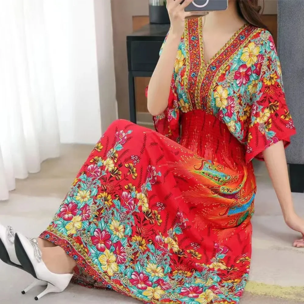 Casual Elegant Retro Bohemian National Style V-neck Elastic Waist Large Swing Printed Summer Long Skirt Woman Dress Clothes - Image 50