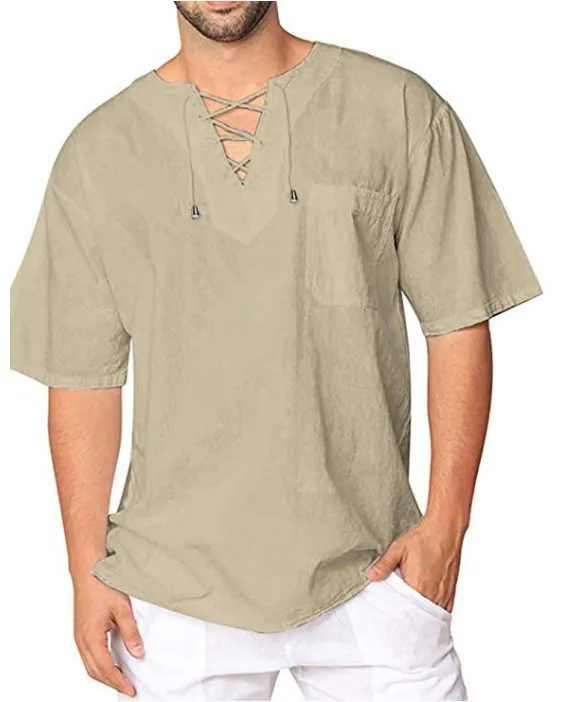 Plus Size Men's Tee Shirt Solid Tops Pullover V Neck Lace-up Loose Top Summer Holiday Beach Casual Half Sleeve Tops Linen Top - Image 10