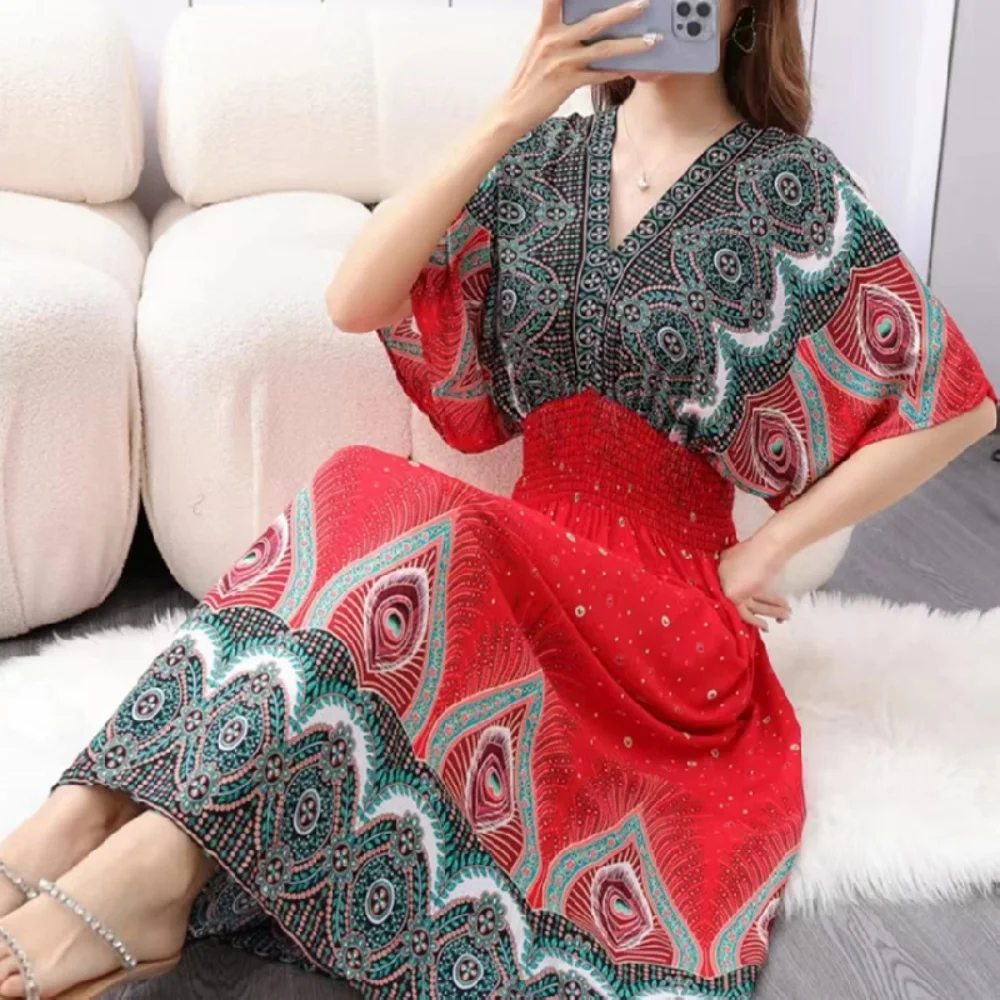 Casual Elegant Retro Bohemian National Style V-neck Elastic Waist Large Swing Printed Summer Long Skirt Woman Dress Clothes - Image 36