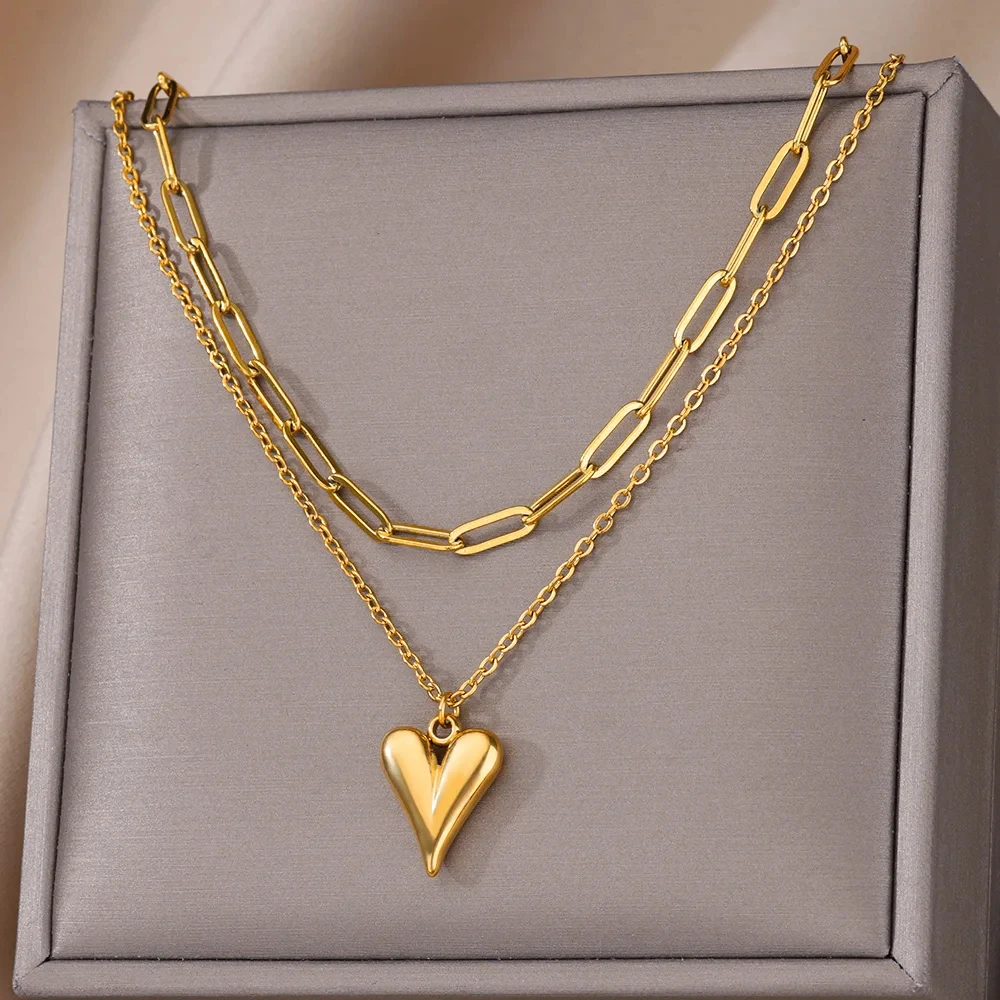 Multilayer Heart Necklaces For Women Stainless Steel Gold Color Evil Eye Pendant Chain Choker Necklace Wedding Jewerly Gift - Image 3