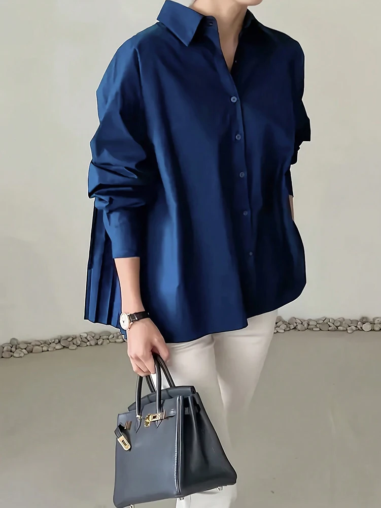 Plus Size 2025 Spring and Summer New Women's POLO Collar Pleated Casual Single Row Button Shirt Blouse Solid Color - Image 15
