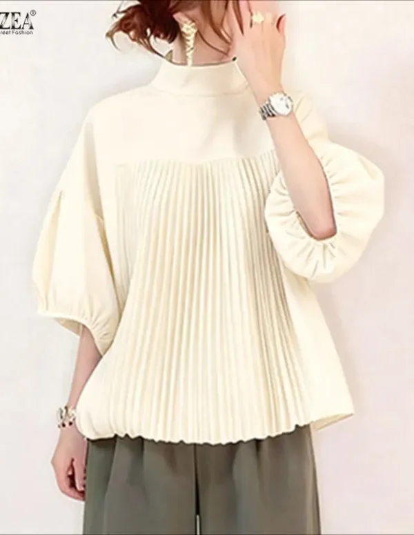 ZANZEA Fashion Blouse Women Summer Stand Collar Half Lantern Sleeve Casual Tops Loose Shirts Elegant Office Lady Blusas Female