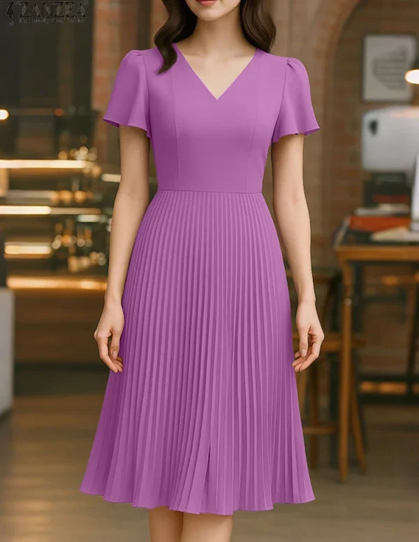 Elegant V Neck Office Work Dresses ZANZEA Women 2025 Summer Dress Solid Pleated Sundress Short Sleeve A Line Party Vestidos Robe