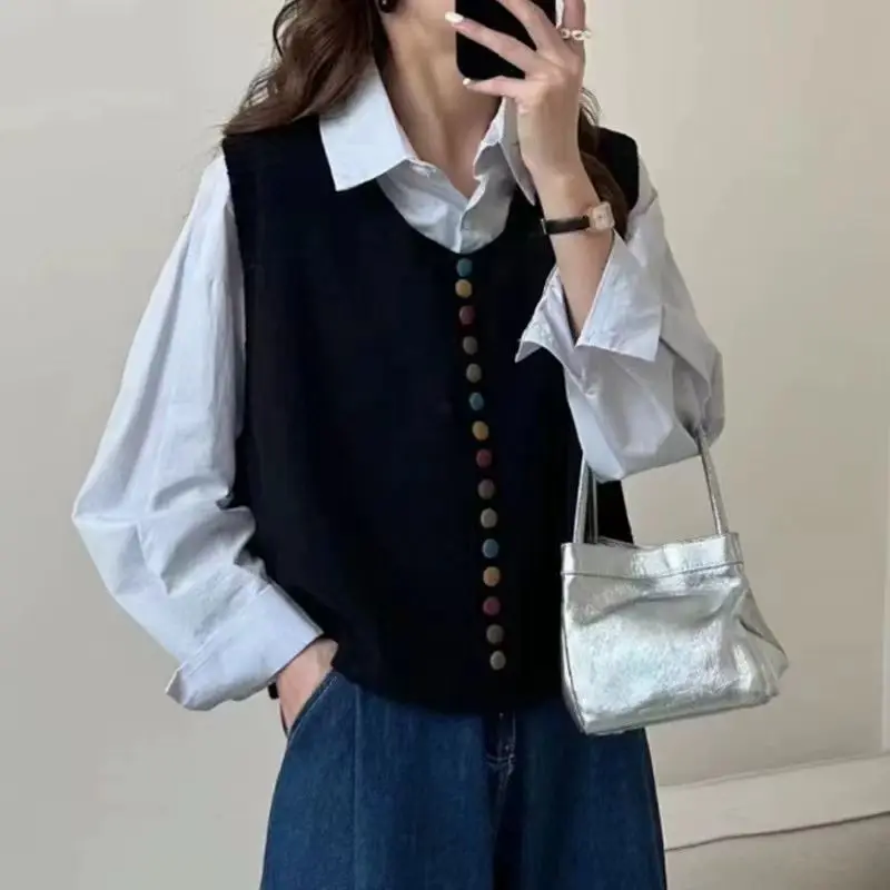Fashion Colorful Button Knit Sweater Vest Women Spring Autumn New Casual Layering Sweater Woman Retro Gray Sleeveless Vest Top - Image 10