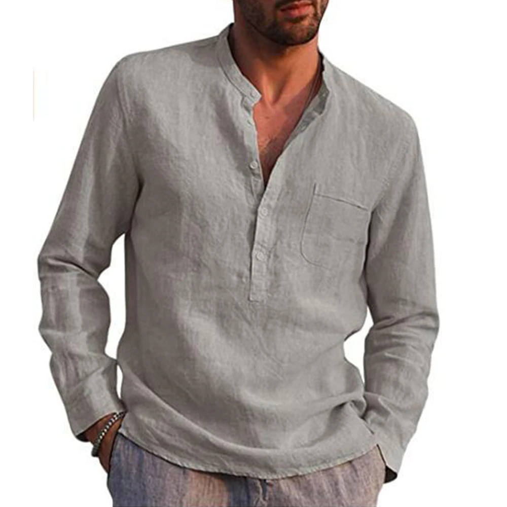 Cotton Linen Hot Sale Men's Long-Sleeved Shirts Summer Solid Color Stand-Up Collar Casual Beach Style Plus Size - Image 13