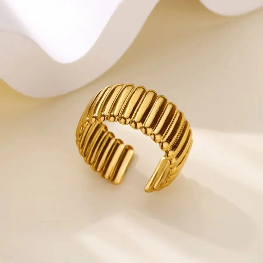 Stainless Steel Layered Rings for Women Open Adjustable Gold Color Geometric Textured Ring Aesthetic Wedding Waterproof Jewelry - Image 5