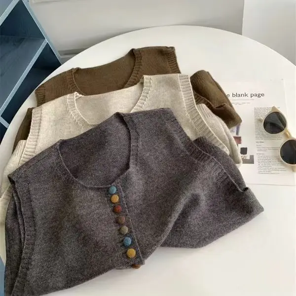 Fashion Colorful Button Knit Sweater Vest Women Spring Autumn New Casual Layering Sweater Woman Retro Gray Sleeveless Vest Top - Image 9