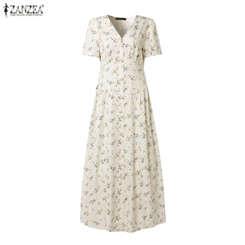 2026 ZANZEA Summer Floral Printed Dresses Women Elegant Casual Holiday Party Dress A Line Robe V Neck Short Sleeve Work Sundress - Image 19