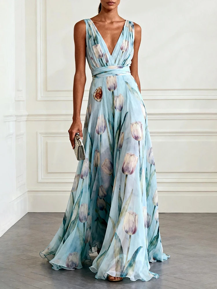 Temperament tulip print summer new slim fit women's evening dress casual fashion party V-neck chiffon long dress - Image 9