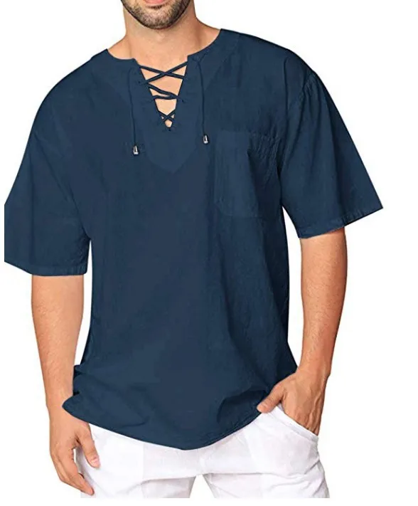 Plus Size Men's Tee Shirt Solid Tops Pullover V Neck Lace-up Loose Top Summer Holiday Beach Casual Half Sleeve Tops Linen Top - Image 7